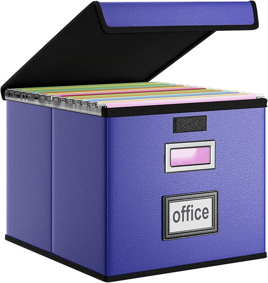 File Organizer Box with Lids, Collapsible File Folder Organizer | File Box with Plastic Slides for Document, Filing Bin for Letter Size Hanging File Folders (1 Pack, Navy Blue, Leather)