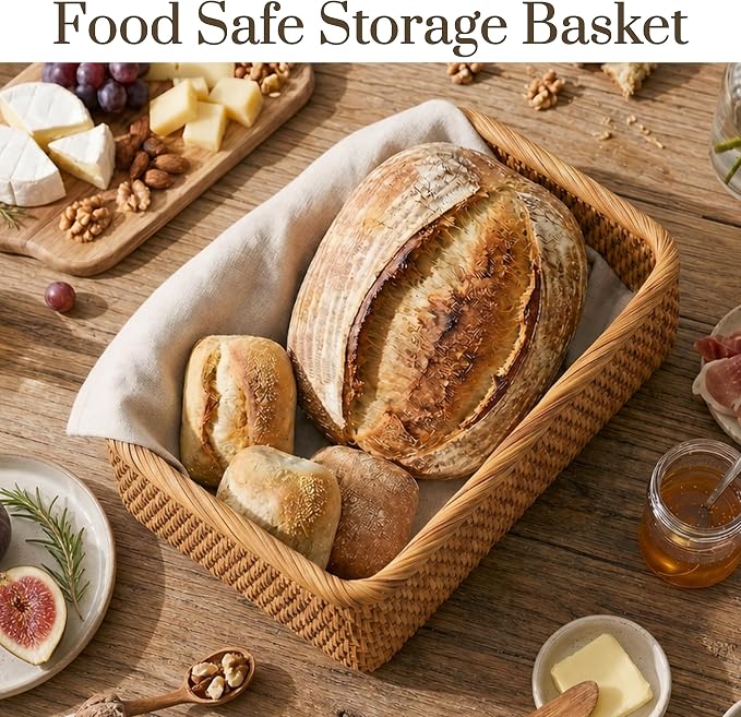 Yangqihome Natural Rattan Storage Baskets, Rectangular Woven Fruit Baskets, Decorative Wicker Basket Large Baskets for Organizing (L)