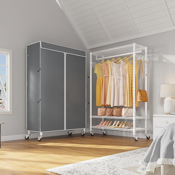 VIPEK R3C Covered Clothing Rack for Hanging Clothes Rolling Closet | Lockable Wheels, Adjustable Wire Shelving Heavy Duty, Metal Side Hooks, Polyester Cover, 374lbs Space-Saving for Home
