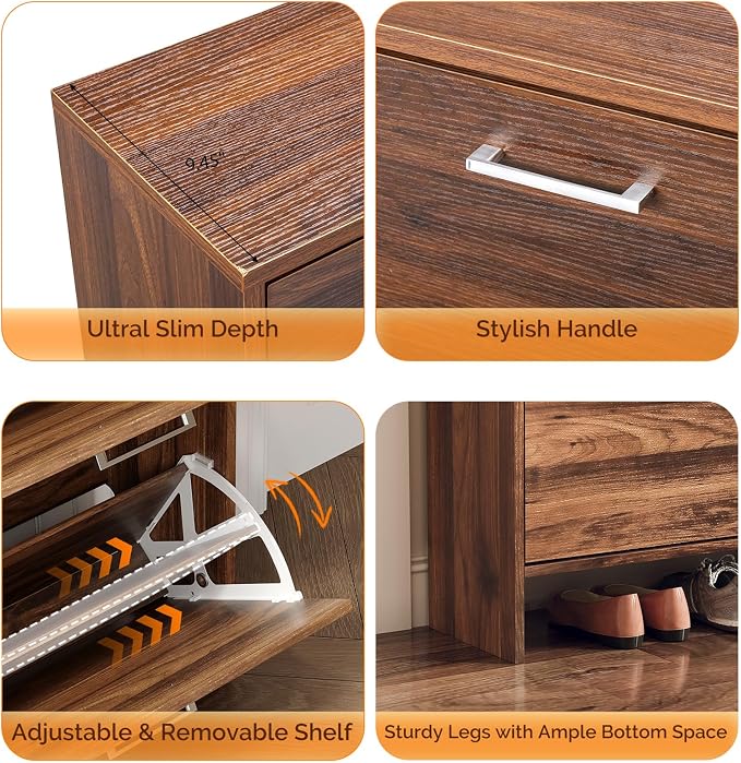 VINGLI Walnut Shoe Cabinet for Entryway, Slim Rustic Shoe Storage Cabinet with 4 Flip Drawers, Mid-Century Modern Wood Shoe Rack Organizer, Narrow Farmhouse Cupboard, Dark Brown, 42 Inch