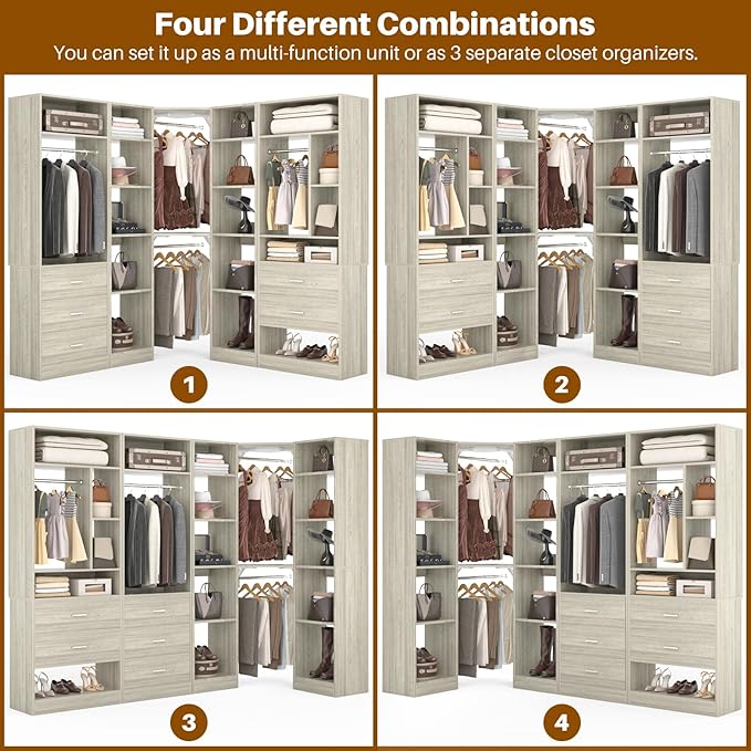 Besiost Corner Closet System with 5 Drawers, Closet Organizer System with 15+Shelvess & 4 Hanging Rods, 63.2"L * 63.2"W / 87.2"L * 39.2"W Reversible L Shaped Walk-in Closets, Load 2500+LBS, White Oak