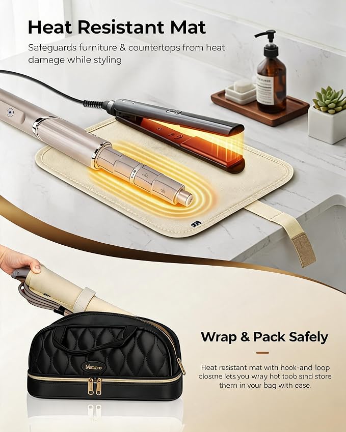 Mancro Carrying Case for Shark FlexStyle, Quilted Hair Tools Travel Bag | with Heat-Resistant Mat, Travel Case for Dyson Airwrap & Shark FlexFusion, Hair Dryer Organizer for Women, Black
