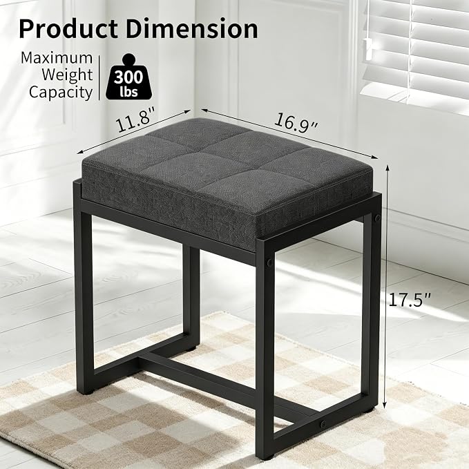 Vanity Stool, Vanity Chair Stools for Makeup Room, Square Linen Makeup Stool for Vanity, Modern Padded Vanity Bench Small Ottoman Foot Rest Stool for Bedroom Living Room, Dark Grey & Black