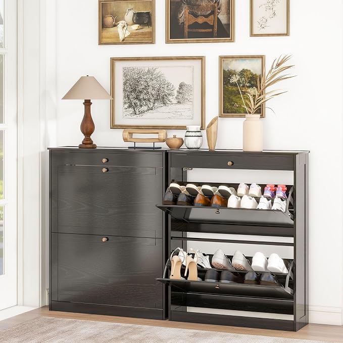 Wood Shoe Storage Cabinet, Hidden Shoe Rack Cabinet with 2 Flip Drawers | Space-Saving Shoe Storage Organizer, Ultra Slim Narrow Shoe Dresser Open Compartment, for Entry, Hallway, Living Room, Black