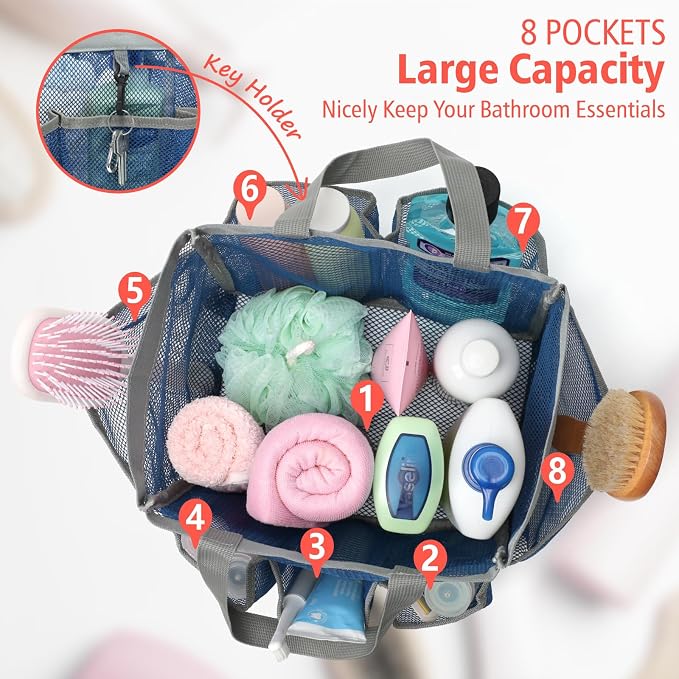 Mesh Shower Caddy Portable - 8 Pockets, S-Hook, Shower Bag for Dorm Camping | 2-Handle, Quick-Dry, Hanging Toiletry Organizer, College Dorm Room Essentials for Girls, Gym, Travel & Bathroom, Navy Blue