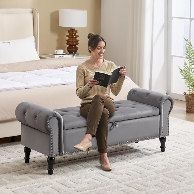 51" Storage Bench for Bedroom, Velvet End of Bed Bench, Queen Size Bench with Rolled Arms, Tufted Storage Ottoman Benches, Upholstered Bench for Bedroom, Living Room, Entryway, Grey