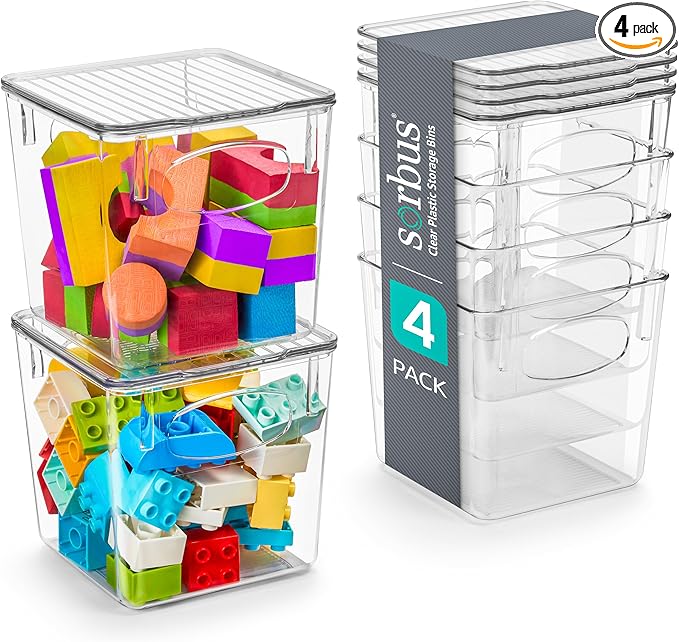 Sorbus Small Clear Plastic Storage Bins With Lids - Stackable Organizer For Toys, Clothes, Medicine, Makeup, Closet, Art Supplies, Bathroom, Shoes (4 Pack)