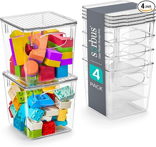 Sorbus Small Clear Plastic Storage Bins With Lids - Stackable Organizer For Toys, Clothes, Medicine, Makeup, Closet, Art Supplies, Bathroom, Shoes (4 Pack)
