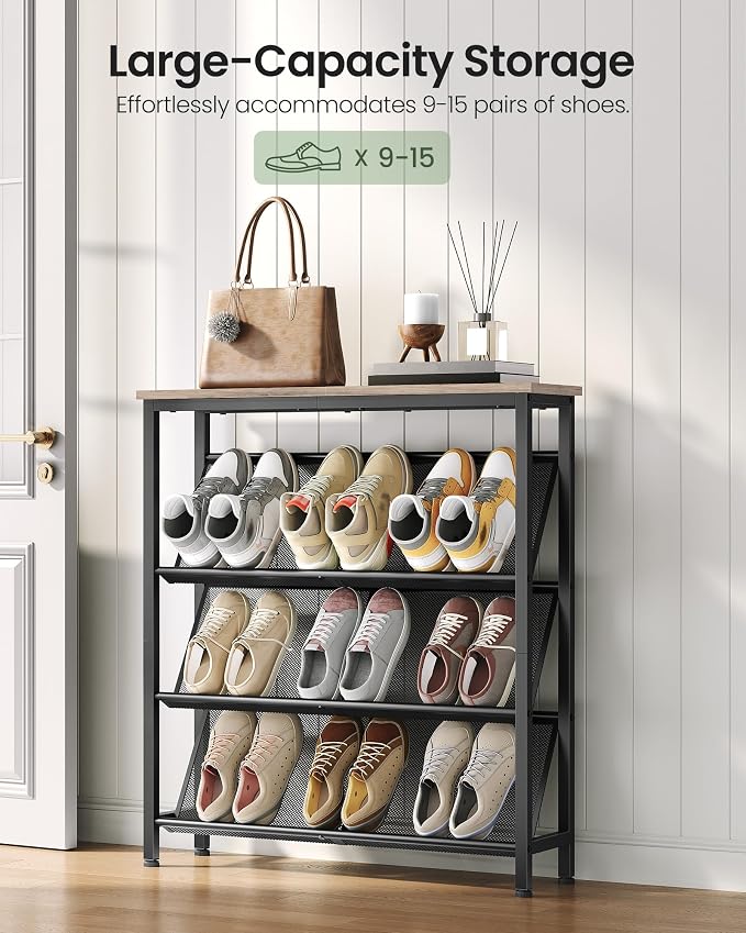 CHOEZON Shoe Rack, 4-Tier Slanted Shoe Storage Shelf, Narrow Shoe Rack for Entryway, Shoe Organizer with Adjustable Feet, Slim Shoe Shelf with Wooden Top and Metal Frame, Greige and Black TXJ75BG