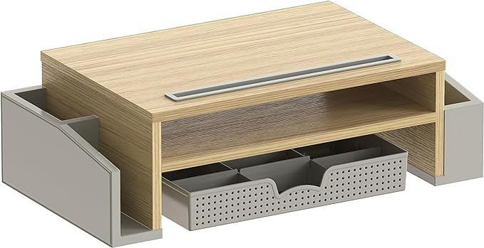 Simple Houseware Desk Monitor Stand Riser w/ Adjustable Tray, Oak | Built-In Tablet Slot and Side Storage