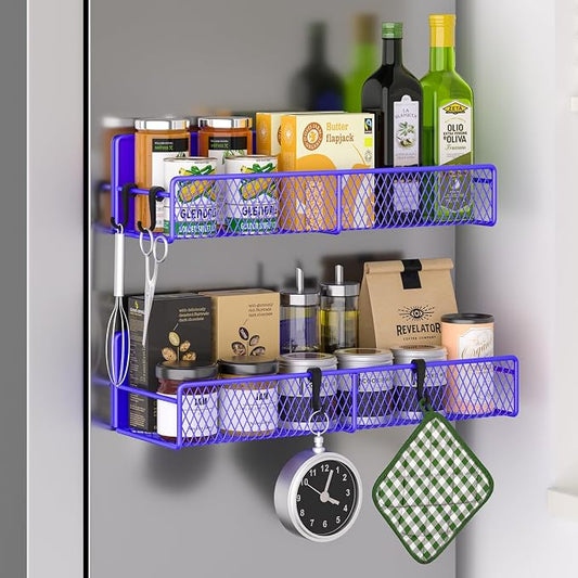 Magnetic Spice Rack for Refrigerator, 2 Pack 100% Metal Strong Magnet Shelf, Space Saving Spice Organizer W/ Hooks, Movable Magnetic Fridge Shelf, Kitchen Home Laundry Storage Organization,Purple Blue