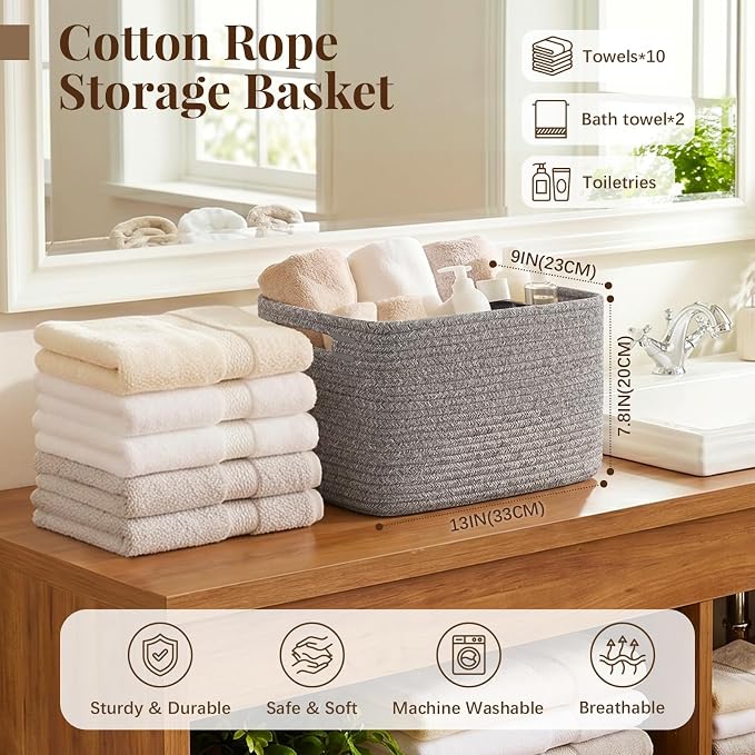 OIASKET 4Packs Natural Cotton Rope Storage Baskets for Organizing Toys, Clothes, Towels & Books, Soft Versatile Organizers for Shelves, Home Decorative Bins, 13''Lx9''Wx7.8''H, Grey