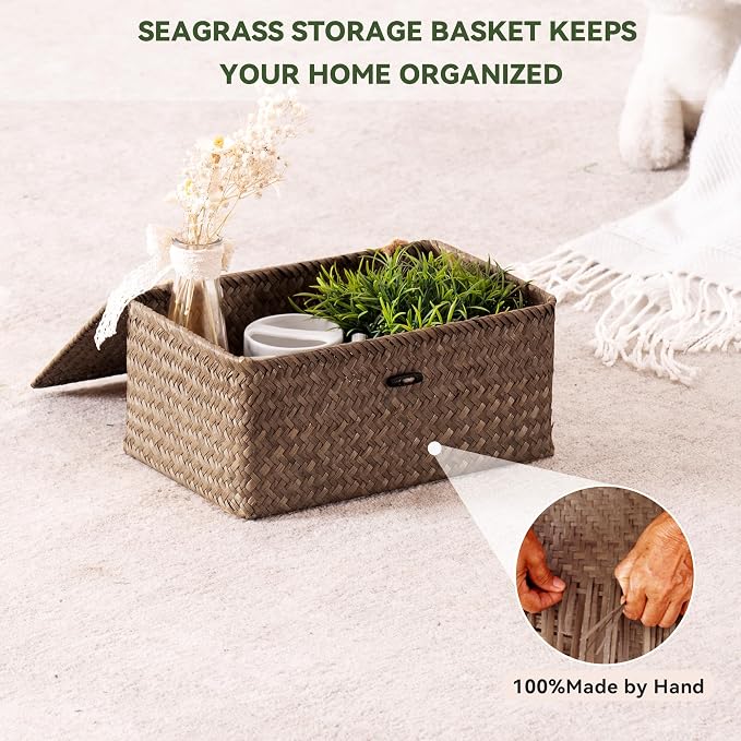 Nonam Storage Basket with Lid, Natural Seagrass Bin with Lid Set of 2, Shelf Baskets Multipurpose Container for Boho Decoration, Rectangular Household Storage Boxes for Home Organization-Coffee