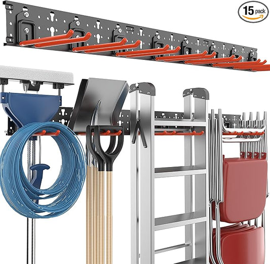 EVERHANGER Garage Tool Storage Organizer Wall Mount, Versatile Garden Tool Rack Organization, Folding Chair Hangers with 8 Multifunctional Hooks, Max Load 330lb, 48inch