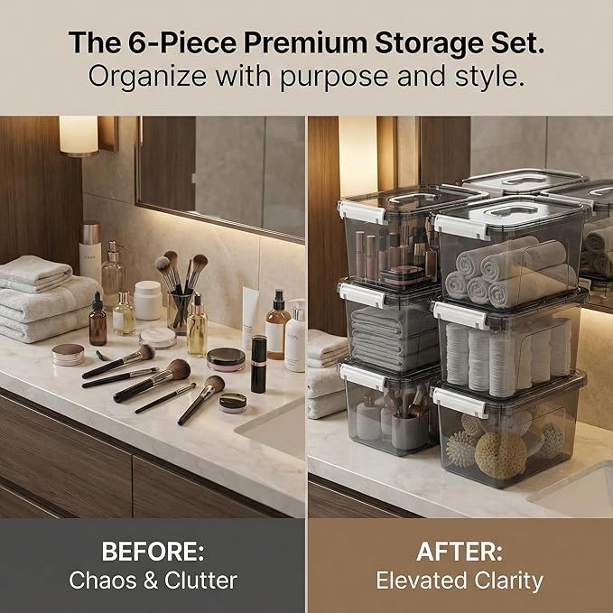 6 Quart Stackable Plastic Storage Bins with Lids, 6 Pack Clear Black Small Organizer Boxes with Latches for Bathroom, Pantry, Office Desk and Small Item Storage