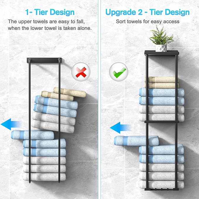 Liuoud Towel Rack for Bathroom, Wall Mounted Vertical Rolled Towel Storage Organizer Holder with Shelf, Holds Up 6 Large Bath Sheets, Black