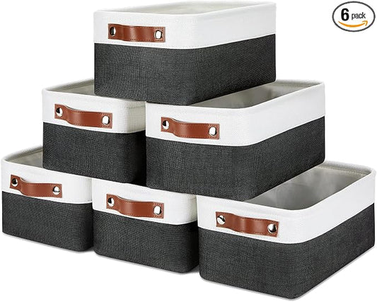 DULLEMELO Small Storage Baskets 6 Pack, Fabric Collapsible Gift Storage Baskets for Shelves, Closets, Nursery, Home, Office Organizing,Small Canvas Linen Rectangular Storage Bins (White&Black)