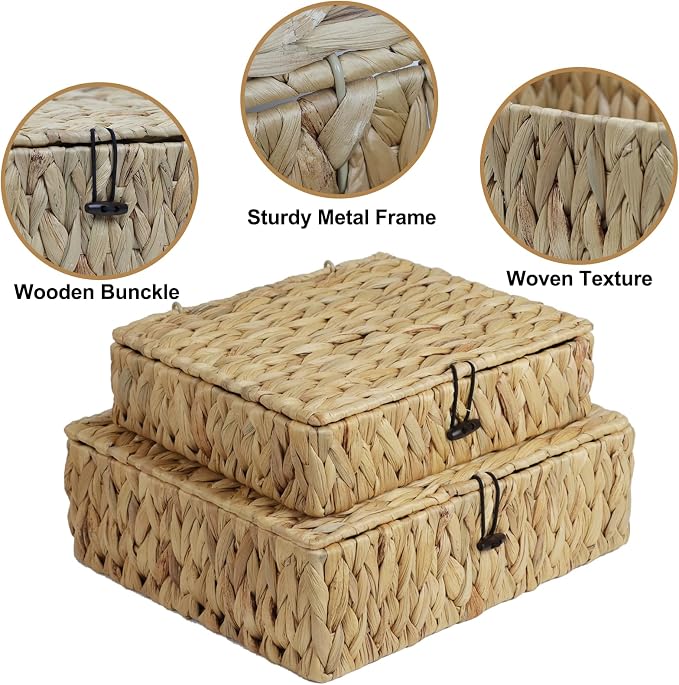 Water Hyacinth Wicker Storage Basket with Lid, Large | Rectangular Woven Box, Shelf Organizer Bin, Multipurpose Home Storage, Decorative Basket, Natural Decor