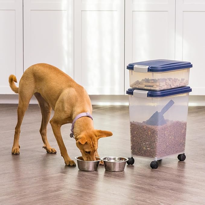 IRIS USA Dog Food Storage Container, Up to 30+11 lbs, Navy, Made in USA | Wheels for Mobility, Airtight Seal, BPA-Free, Best for Bird Seed, Cat food, Cat Litter, Chicken Feed, Pellets
