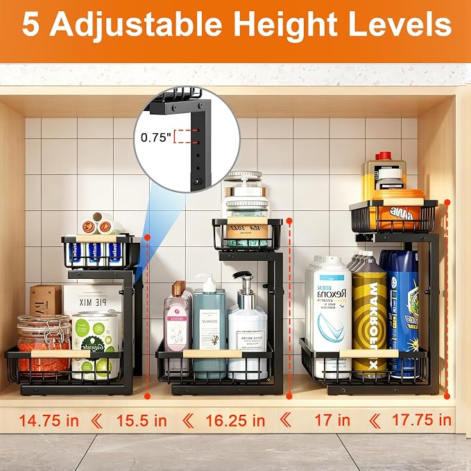 Under Sink Organizer, 2 Pack Height Adjustable Under Sink Organizers and Storage, 2 Tier Pull Out Drawer Cabinet Storage for Kitchen Bathroom