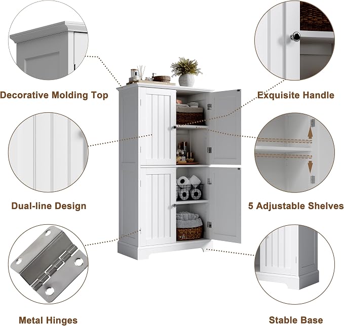ChooChoo Bathroom Floor Cabinet with Adjustable Shelves | Bathroom Storage Cabinet, 4 Doors, Freestanding Cupboard for Living Room, Kitchen Pantry, White