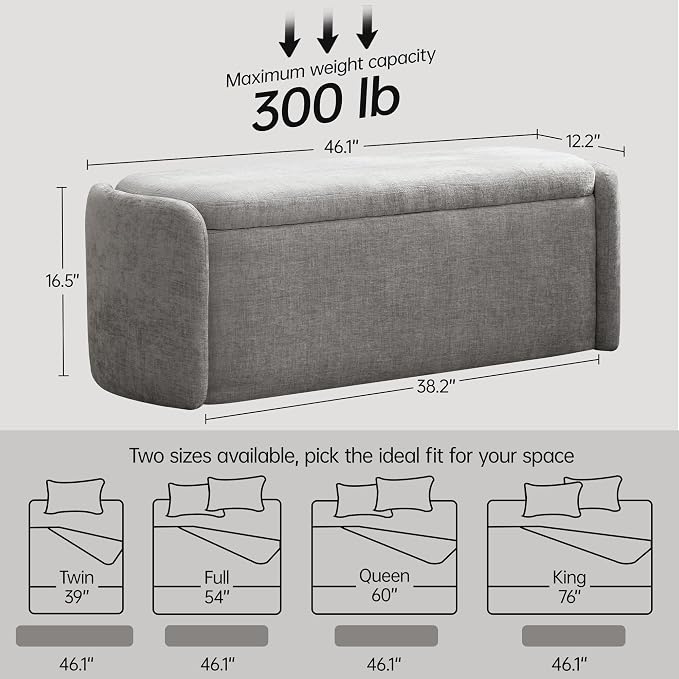 VKNOW 46" Oval Storage Ottoman Bench, Upholstered End of Bed Bench Ottomans Bench Foot Rest, Sherpa Storage Bench for Bedroom, Living Room and Hallway, Light Grey