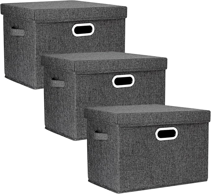 Large Collapsible Storage Bins with Lids, Organization Bins for Closet Storage, Clothes Storage, Folding Storage Box with Lids for Home Office Storage - 3 Pack - Black