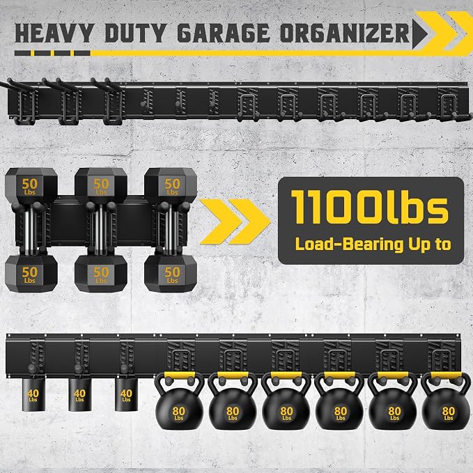 96" Garage Tool Organizer Wall Mount, 1250lbs Heavy Duty Garden Tool Storage Rack with 15 Adjustable Hooks for Yard, Shed, Garage (6 Racks, 15 Hooks, 2 Straps, Steel)