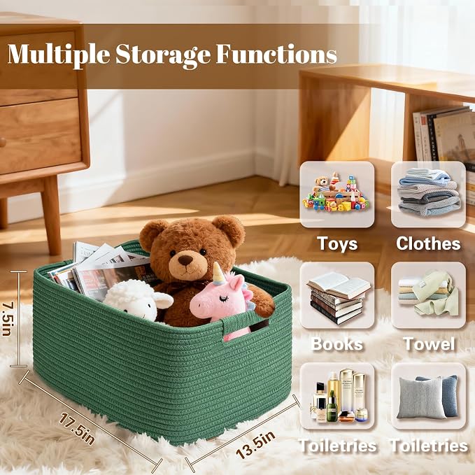2 Pack Large Storage Basket for Organizing, 17.5"x13"x7" Woven Basket for Shelves, Closet Cube Storage Bins with Wrapped Handle, Cotton Rope Baskets for Kitchen, Clothes, Toys(Green)
