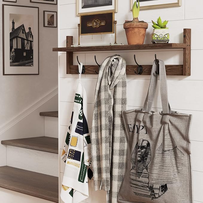 BAMEOS Wall Mounted Coat Rack with Adjustable Easy Install, Rust Proof, Brown Wooden Material, 28.9 Inch Length