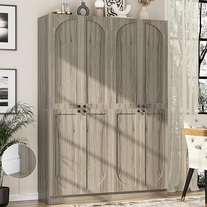 Cyclysio Storage Cabinet Set of 2, 80" Tall Arched Bookcase with 4 Soft Close Doors, 12-Tier Wooden 2 Set Pantry with Adjustable Shelves, Seamless Fit Wall for Home Office, Living Room, Kitchen