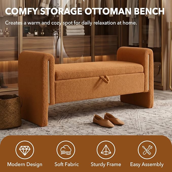 52" Flip-Top Storage Ottoman Bench, Teddy Entryway Bench (Coffee) | Teddy Fleece Upholstered End of Bed Bench with Armrests, Soft Padded Window Bench for Living Room Bedroom Entryway