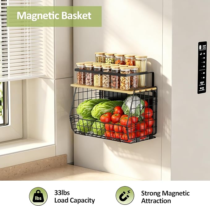 Magnetic Shelf for Fridge, Fruit Potato & Onion Storage Bin | Magnetic Storage Basket with Lid, Side of Fridge Storage, Produce Basket for Fruits Vegetables Spices, Kitchen Pantry
