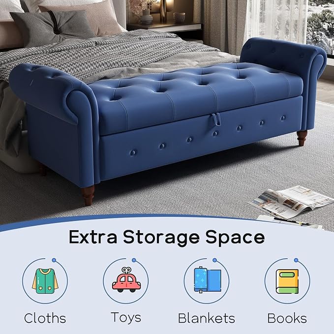 NIOIIKIT 63'' Storage Ottoman Bench, Tufted Entryway Bench Blue Polyester | Button Tufted End of Bed, Large Storage Space, Rolled Armed Ottoman Couch Long Bench for Bedroom, Living Room, Hallway