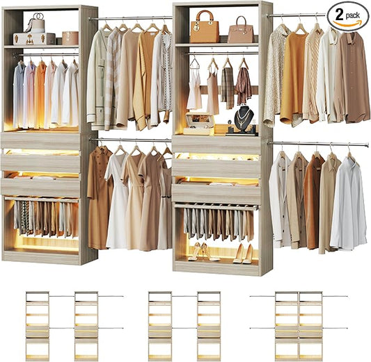 Closet System Set of 2, 5.7-10.4FT Closet Organizer System with 6 Wood Drawers & LED Glasstop, Wood Walk-in Closet with 10 Hanging Rods & 2 Trouser Rack, Built-in Garment Rack with Shelves, White Oak