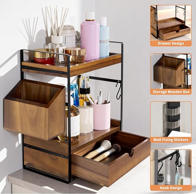2-Tier Bathroom Counter Organizer, Acacia Wood Vanity Shelf with Drawer | Pre-Drilled Holes, Skincare & Makeup Countertop Organizer and storage, Acacia Dark Brown