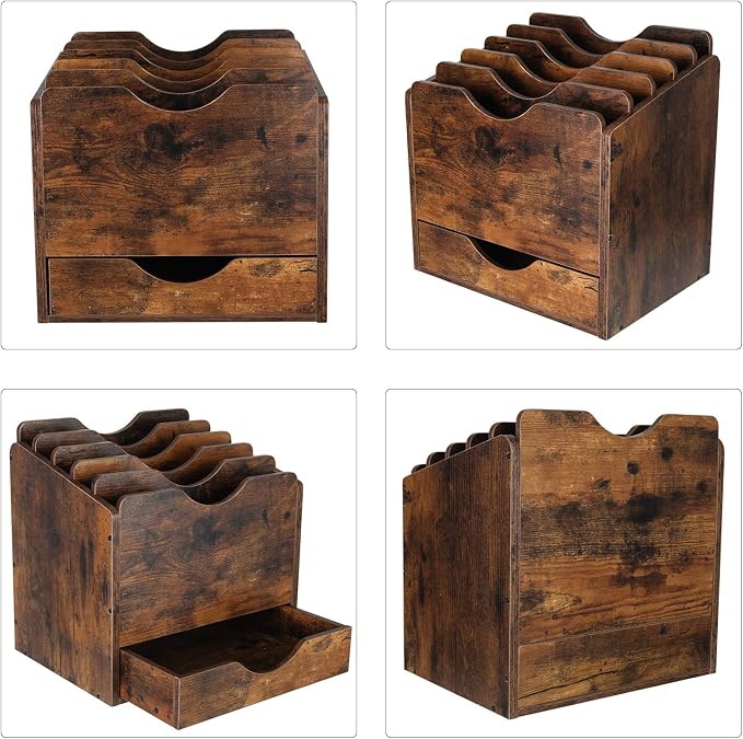 PAG Wood Desktop File Holder Organizer Mail Sorter with Drawer, for File Folders, Mails, Envelopes, Mailing Supplies or Magazines, 6 Compartments, Antique Brown