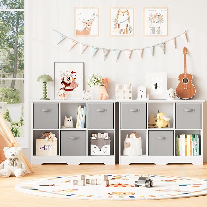 6 Cube Storage Organizer Shelf, Wood Cubby Storage with 3 Fabric Drawers | 2 Tier Wooden Bookshelf with 2 Adjustable Shelves, Fluted Side Panels Bookcase for Bedroom, Living Room, Home Office, White