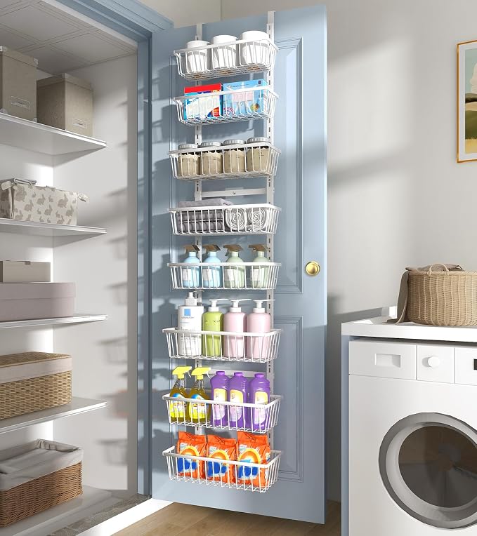 Mefirt White 12 Inch Wide Narrow Over The Door Pantry Organizer | Pantry Hanging Organizers and Storage, Adjustable Heavy-Duty Metal for Home & Kitchen, Back of Door Seasoning Rack