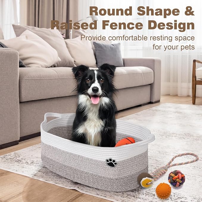 Optish Dog Toy Basket, 30L Toy Box and Bin for Dog Cat Storage, 19.7" X 11" X 7.9" Large Woven Rope Basket for Blanket Storage, Living Room, Bedroom, White & Brown