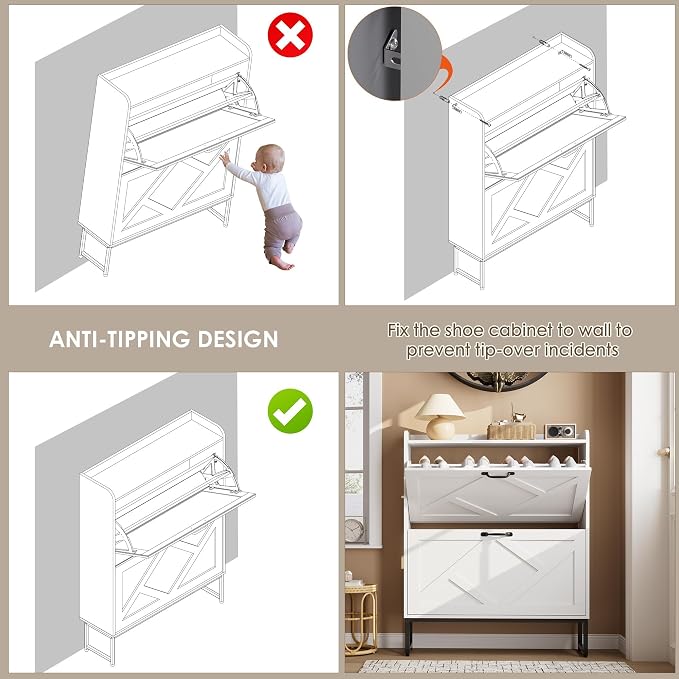 Nicetree Shoe Storage Cabinet with 2 Flip Drawers, Entryway Cabinet, White | Slim Shoe Cabinet with Metal Legs, Narrow Farmhouse Shoe Organizer for Entryway, Foyer, Hallway, Wood Shoe Rack with Hook