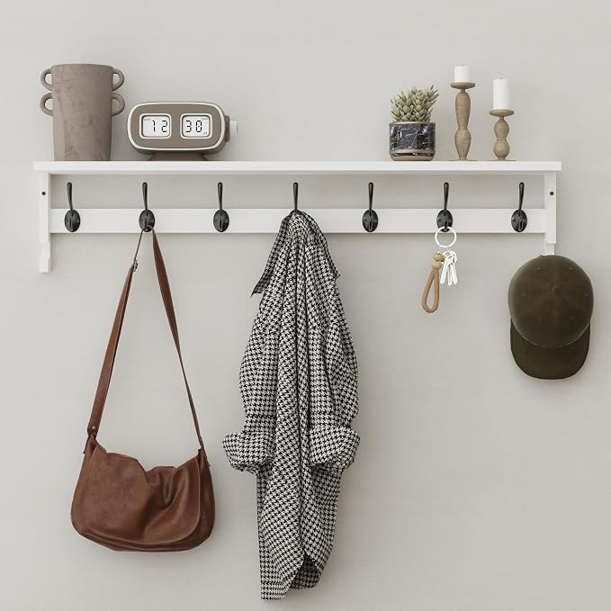 AMBIRD Coat Rack Wall Mount, 35 Inch Large Coat Hooks Wall Mounted with 7 Dual Metal Hooks and 2 Side Hooks, Wall Hooks with Shelf in Entryway, Kitchen, Living Room, Bathroom, Bedroom (White)