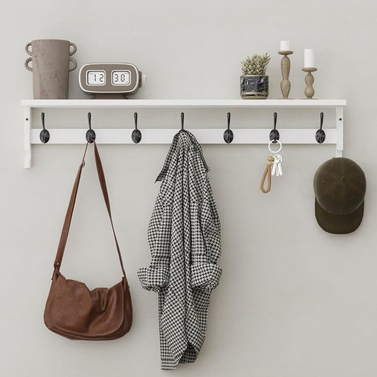 AMBIRD Coat Rack Wall Mount, 35 Inch Large Coat Hooks Wall Mounted with 7 Dual Metal Hooks and 2 Side Hooks, Wall Hooks with Shelf in Entryway, Kitchen, Living Room, Bathroom, Bedroom (White)