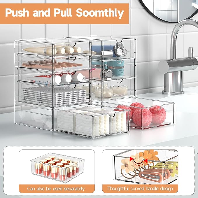 DOMNIU Acrylic Makeup Drawer Storage Organizer with 16 Drawers, 4 Set | Office Desk Organization and Storage, Dustproof Drawer Organizer for Makeup, Countertop, Jewelry, Desktop, Bathroom, Bedroom