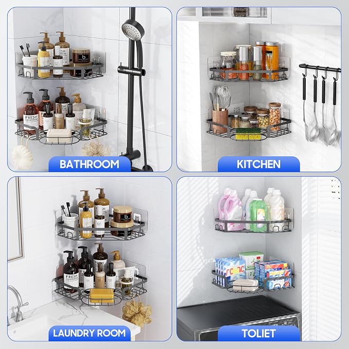 Corner Shower Caddy, Rustproof Shower Organizer with Soap Holder and 8 Hooks, No Drilling Adhesive Shower Shelves for Inside Shower, Large Capacity Shower Rack for Bathroom Shower Storage, Grey