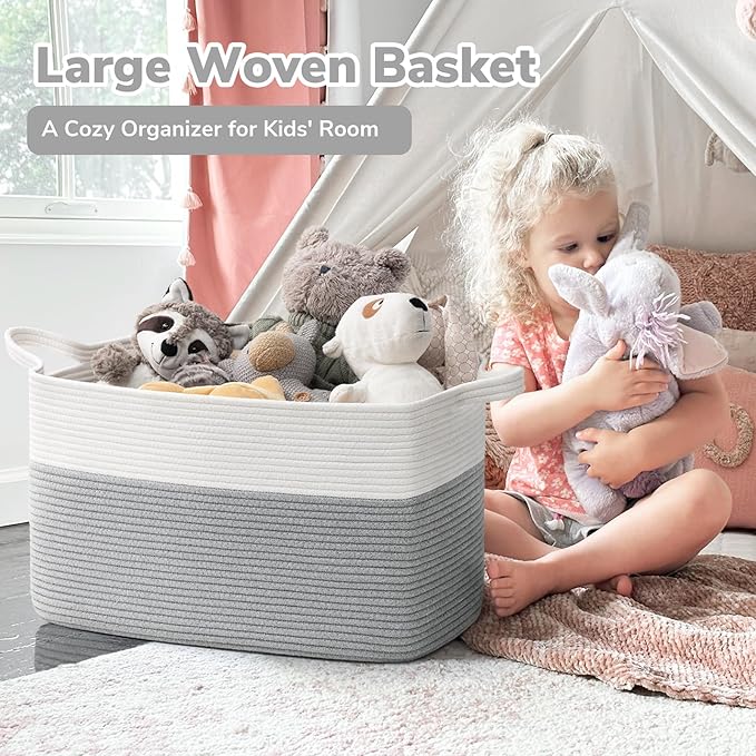 Goodpick Large Cotton Rope Toy Storage Basket, Rectangle, White Gray | 21.6 x 14.9 x 11.8 in, Reinforced Handles, Living Room, Nursery & Bedroom Organization, Toys, Blankets & Clothes Storage