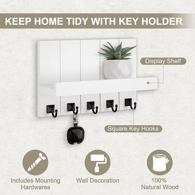 Key Holder for Wall, Decorative Key Holder with Shelf, Key and Mail Holder Wall Mount, Farmhouse Decor with 5 Key Hooks for Keys, Coats, ect.