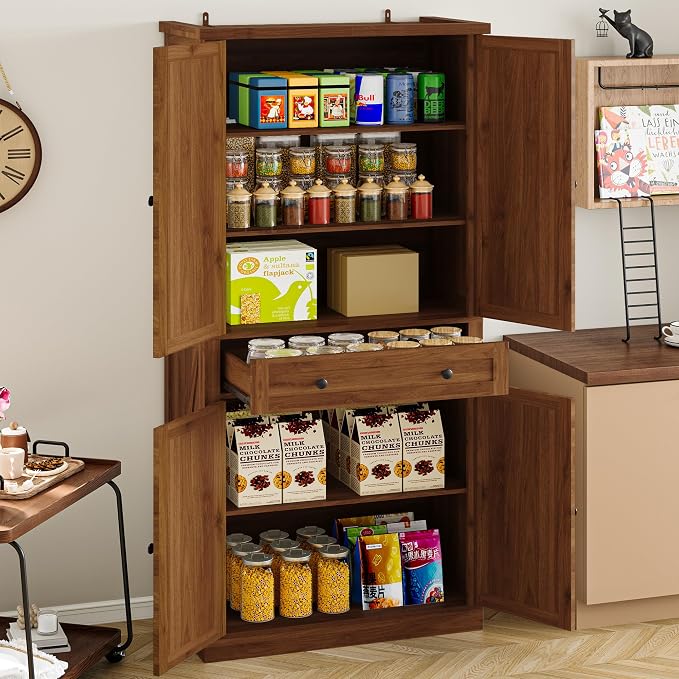 BORNOON Pantry Organizers and Storage Cabinet, 67.71” Barn Door White Kitchen Cabinet with Drawers and Adjustable Shelf, Tall Pantry for Kitchen, Dining Room, Living Room