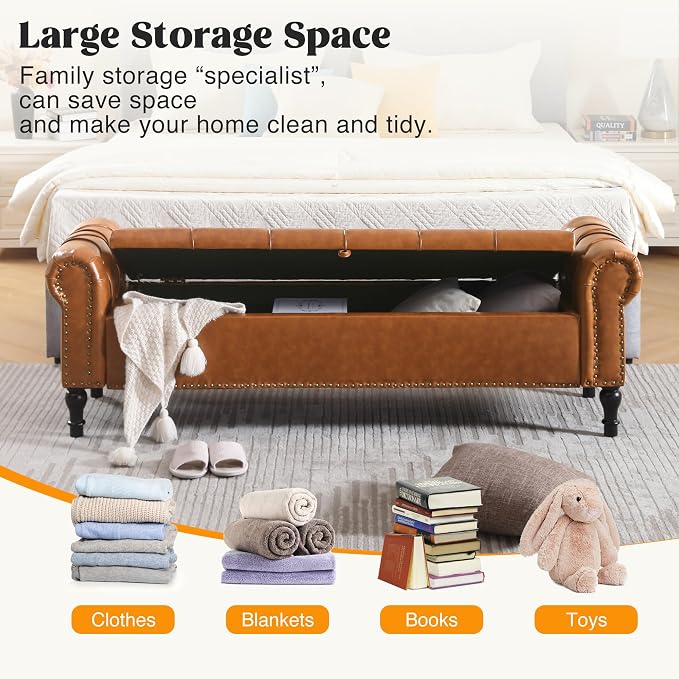 Faux Leather Storage Bench for Bed Room 67 Inch Upholstered Tufted Ottoman Bench with Arms King Size Large Storage Space End of Bed Benches for Bedroom Living Room Entryway Brown