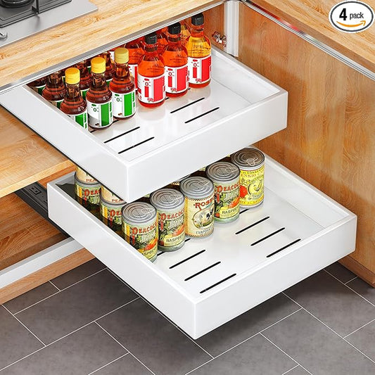 4 Pack Pull out Cabinet Organizer, 21"Deep, Heavy Duty Full-extension Slide out Drawers for Kitchen Cabinet, Roll out Shelf Storage with Nano Adhesive for Pots, Bathroom, Pantry, Home, White